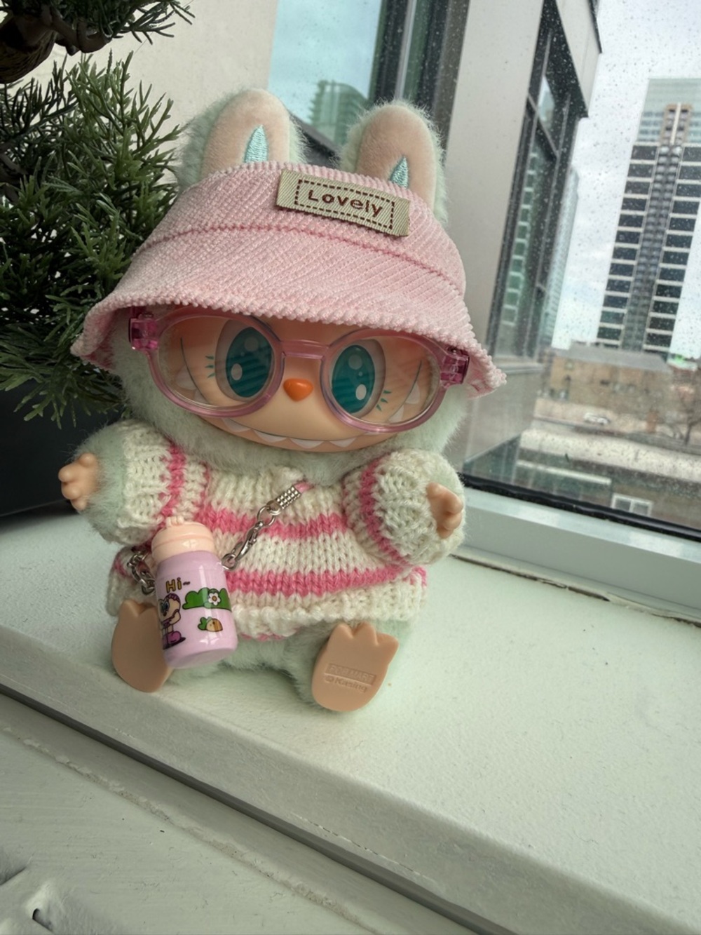 Labubu  with Pink 'Lovely' Hat and Striped Sweater